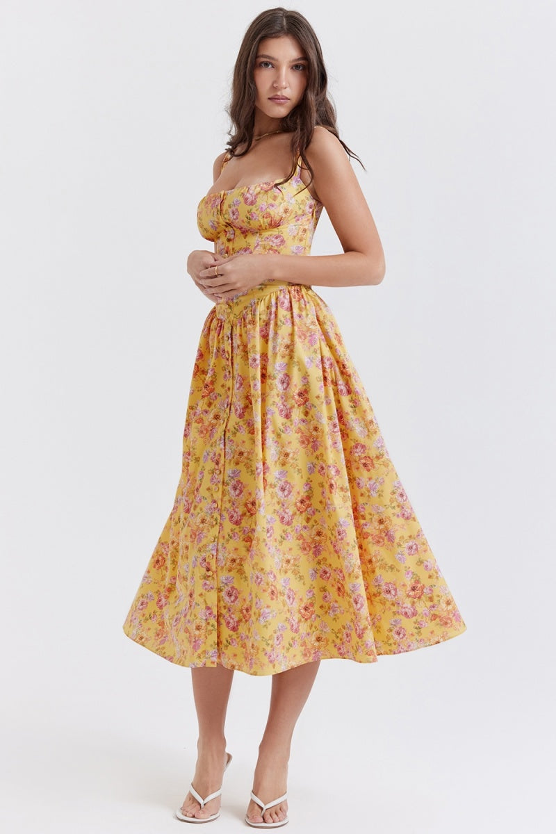 Vestito midi giallo con stampa floreale Tatiana