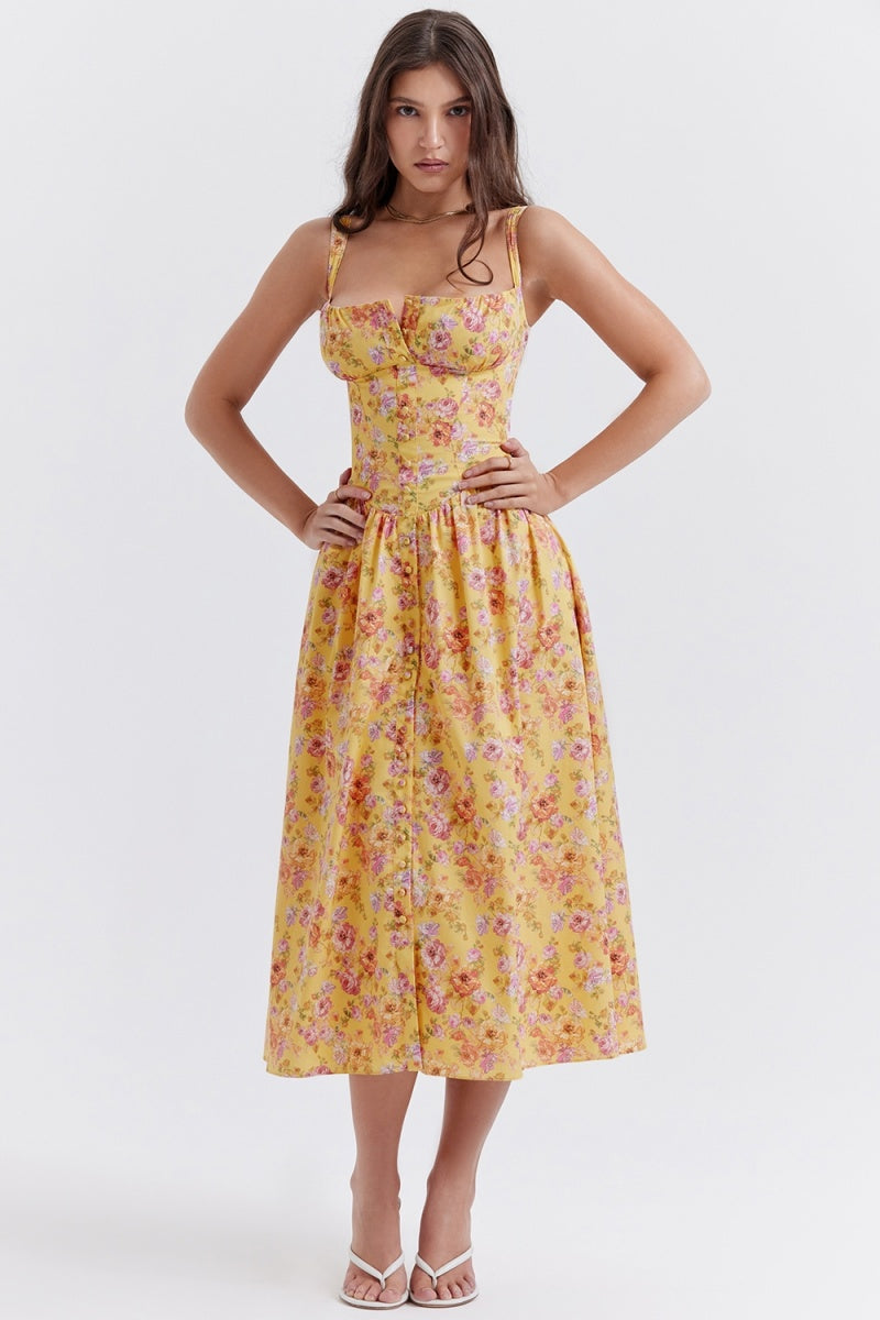 Vestito midi giallo con stampa floreale Tatiana