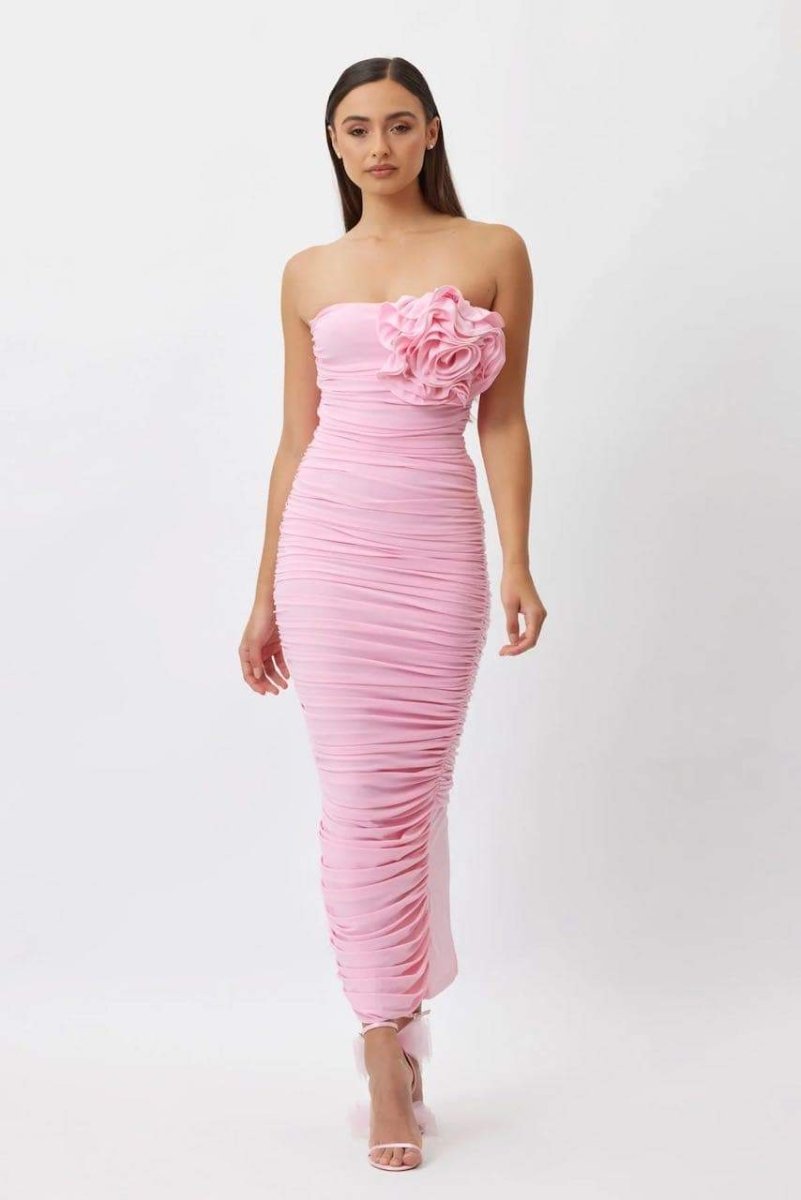 Vestito midi senza spalline con motivo floreale Tina