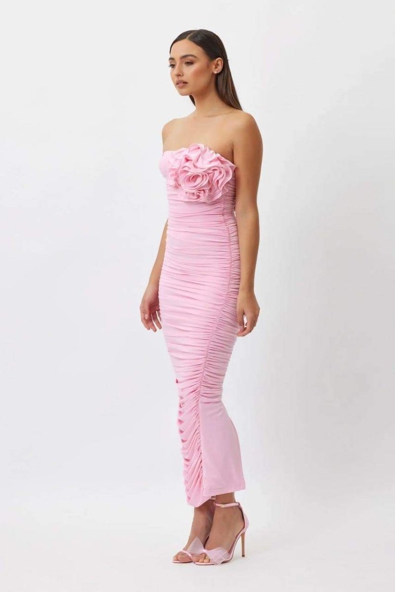 Vestito midi senza spalline con motivo floreale Tina
