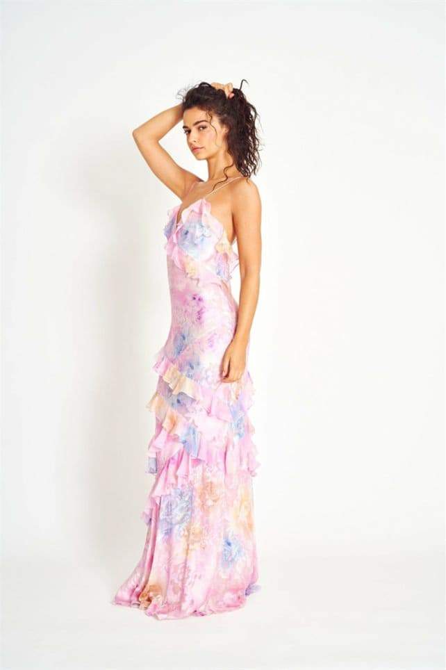 Vestito lungo sinuoso floreale Virginia con volant