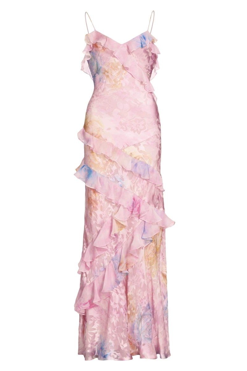 Vestito lungo sinuoso floreale Virginia con volant