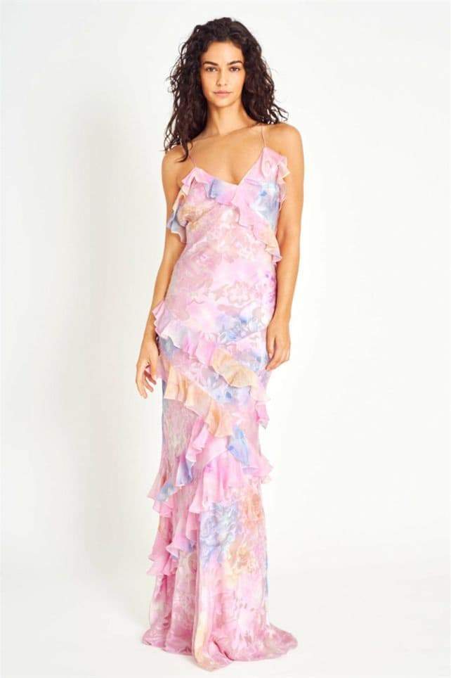 Vestito lungo sinuoso floreale Virginia con volant