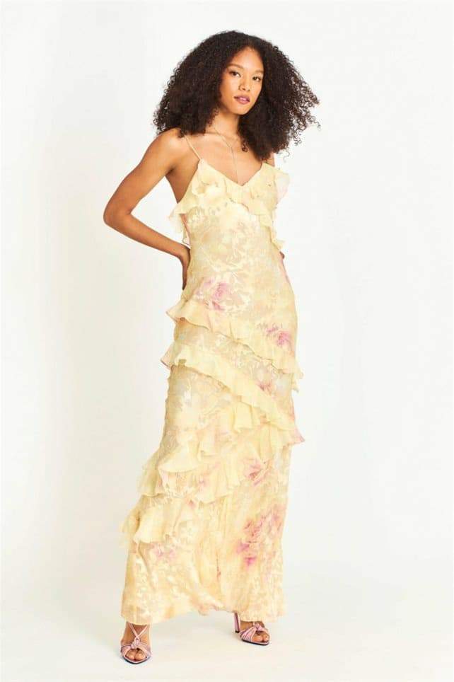 Vestito lungo sinuoso floreale Virginia con volant
