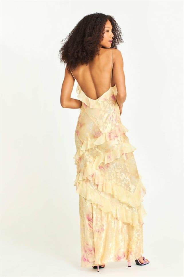Vestito lungo sinuoso floreale Virginia con volant