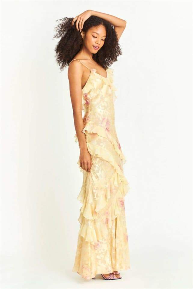 Vestito lungo sinuoso floreale Virginia con volant