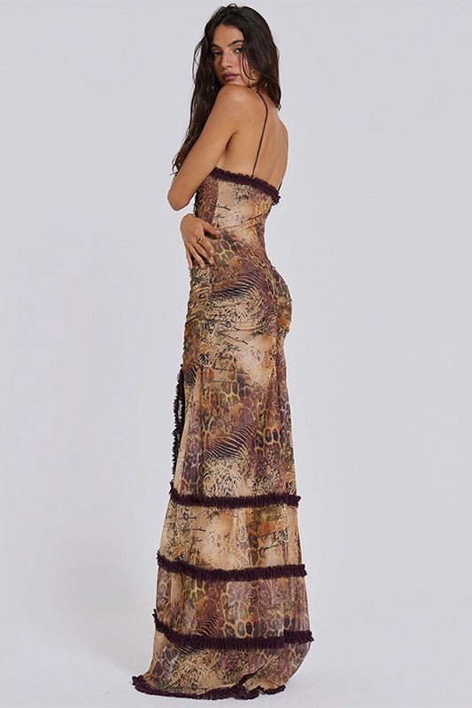 Vestito lungo maxi con gonna svasata stampata Yuri